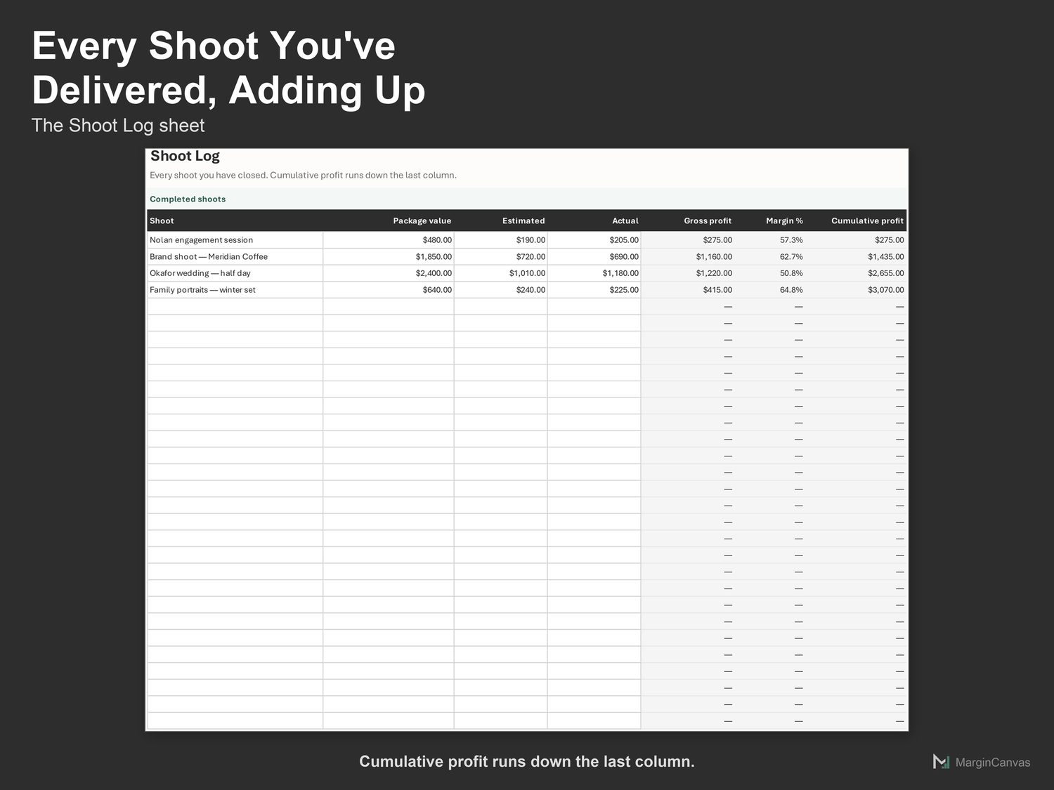 Shoot Log sheet with every delivered shoot and cumulative profit