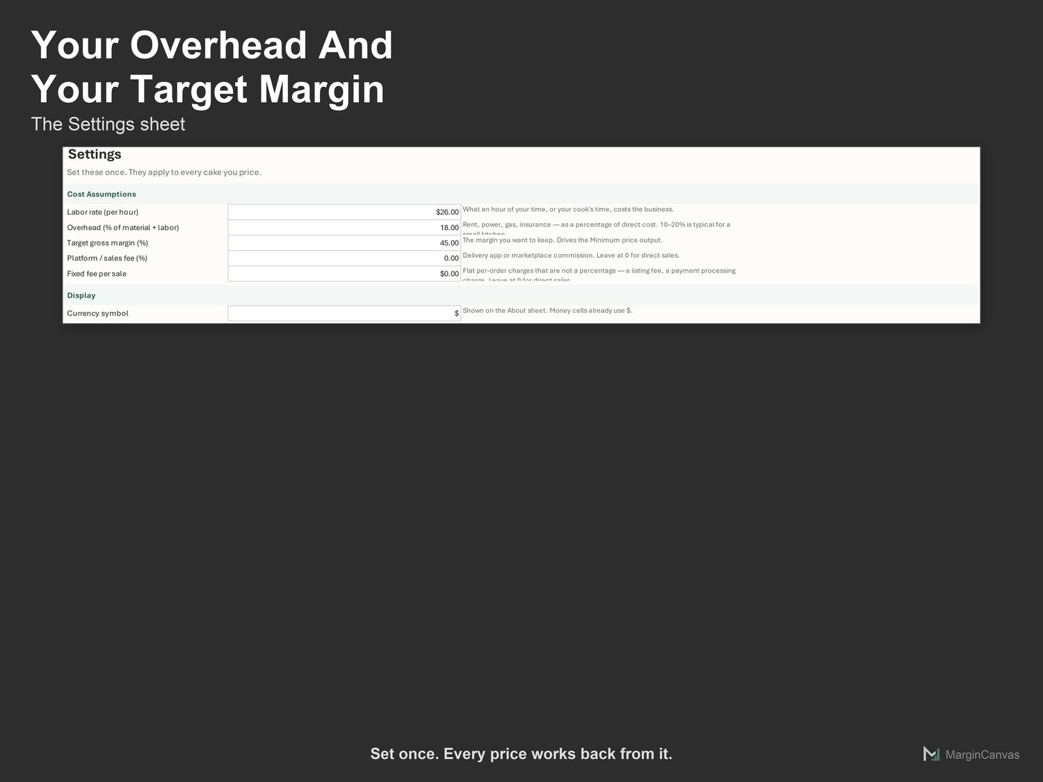 Settings sheet with overhead, target margin and fees